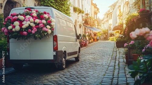 White van adorned with colorful flowers on cobblestone street in quaint village