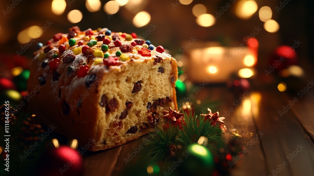 Traditional Panettone Sweet Bread Decorated With Icing and Candied Fruits on a Festive Table Traditional Panettone Sweet Bread Decorated With Icing and Candied Fruits on a Festive Table