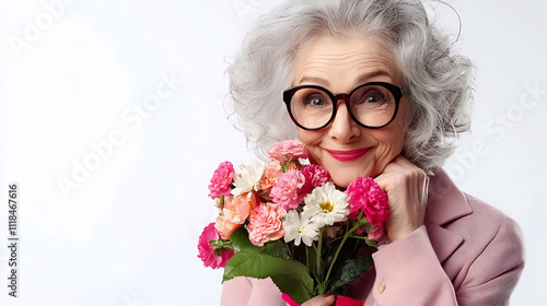 A woman in glasses is holding a bouquet of flowers