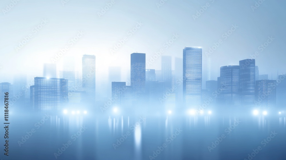 Misty, futuristic cityscape with tall buildings and reflective water Misty, futuristic cityscape with tall buildings and reflective water
