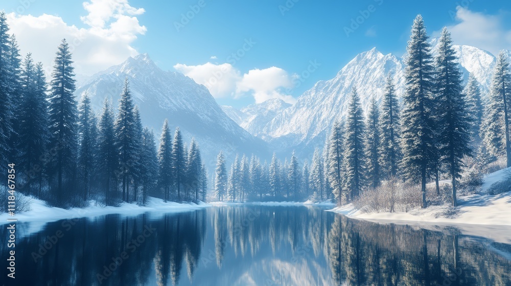 Fototapeta premium Winter Landscape With Snowy Mountains, Pine Forest, and Clear Blue Sky Creating a Tranquil Scenic View