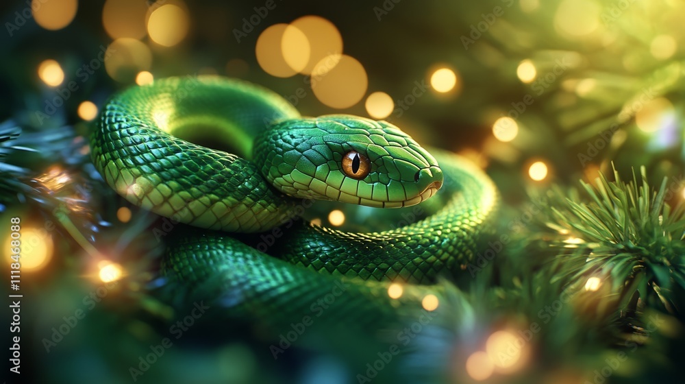 Fototapeta premium Cute Green Snake Resting on Pine Needles With Golden Glowing Lights in the Background Representing Nature and Symbolism
