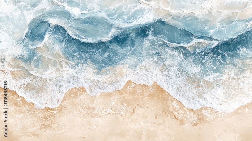 Aerial view of gentle ocean waves crashing onto sandy beach shore Aerial view of gentle ocean waves crashing onto sandy beach shore