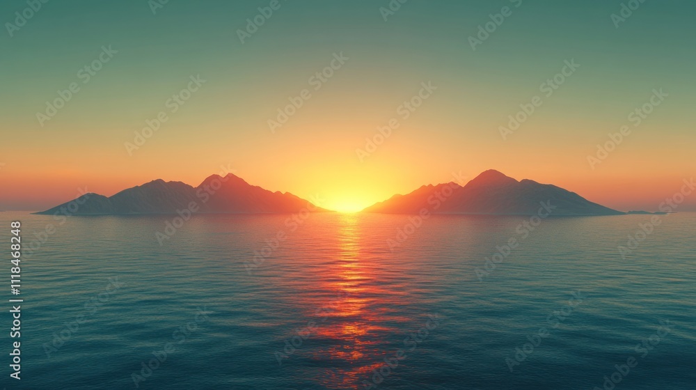 Fototapeta premium Vibrant sunset over calm ocean and silhouetted islands.