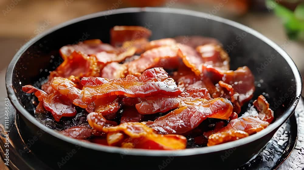 Hot and crispy bacon pieces in a cast iron skillet Hot and crispy bacon pieces in a cast iron skillet