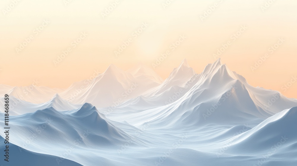 Serene snowy mountain peaks under pastel-colored sky at dawn Serene snowy mountain peaks under pastel-colored sky at dawn