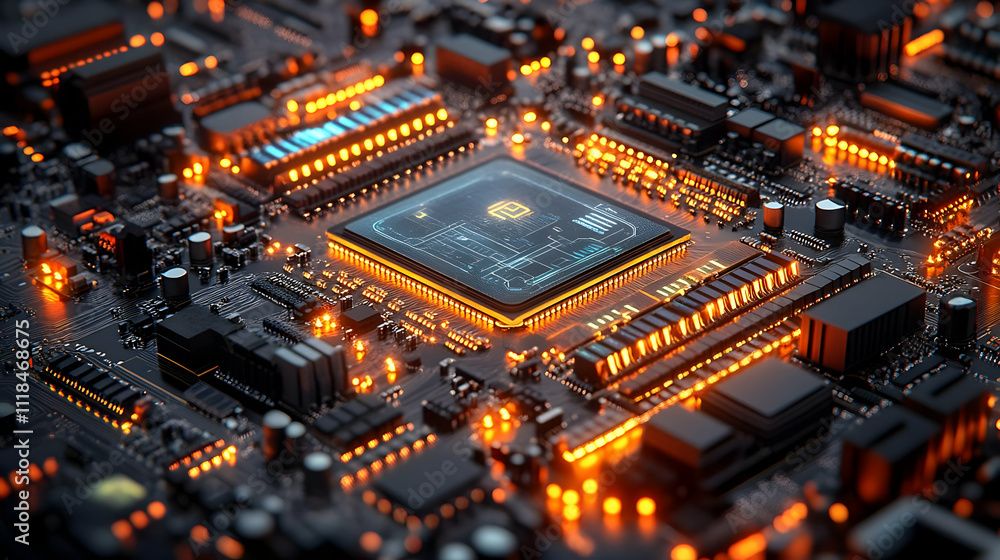 Circuit Board with Glowing Components 3D Illustration Circuit Board with Glowing Components 3D Illustration