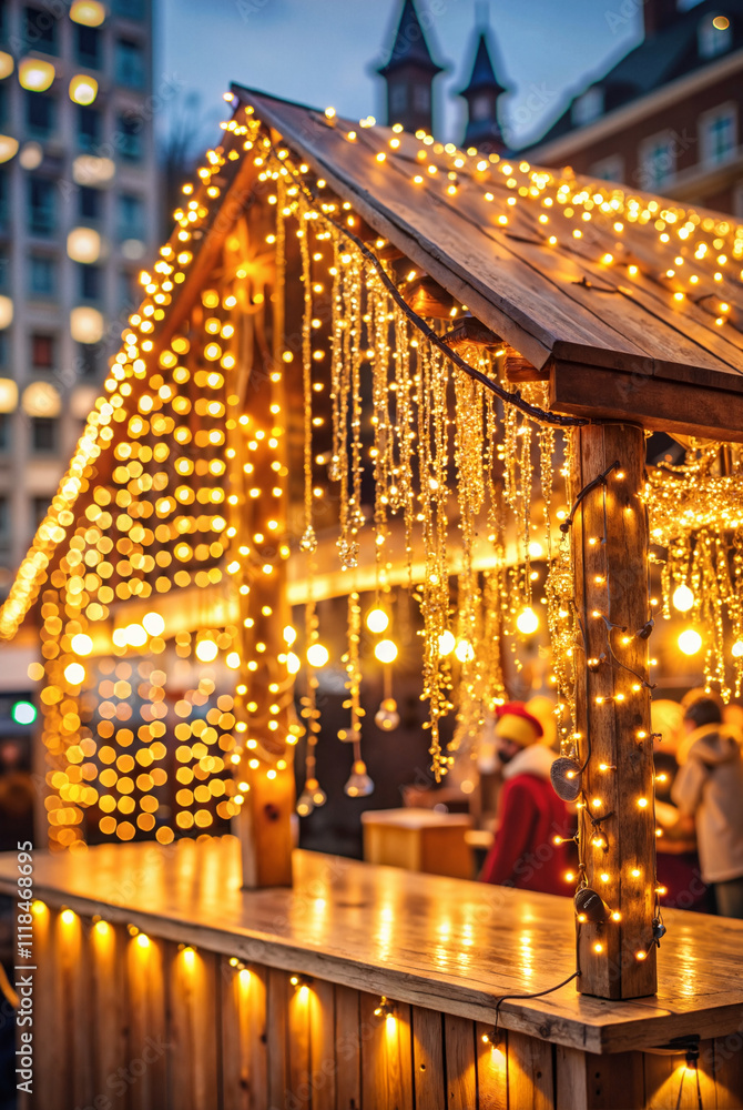 Obraz premium Wooden Christmas market stall with twinkling holiday lights