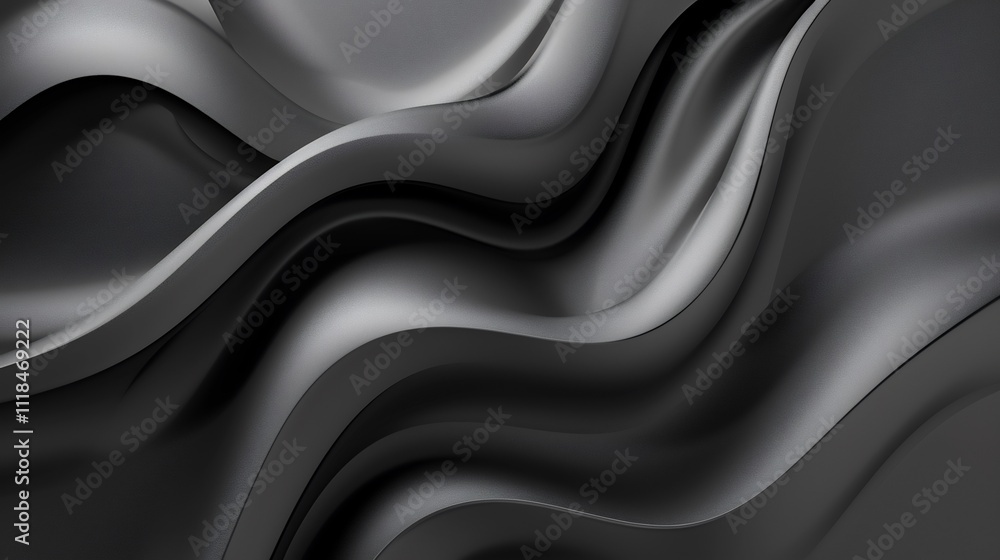 Fototapeta premium Abstract Dark Grey Wavy Background, Elegant Swirling Design, 3D Render, Smooth Curves, Modern Minimalist Style, Luxury Texture, Shiny Surface, Gray Gradient, Fluid Shapes, Seamless Pattern, 