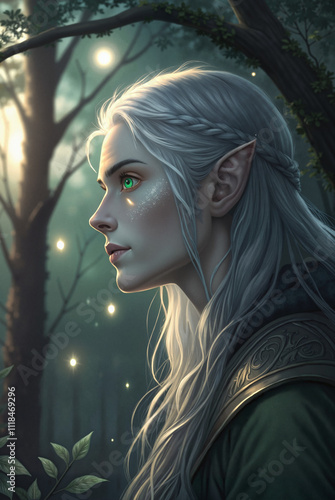 Mystical forest elf in moonlit woods