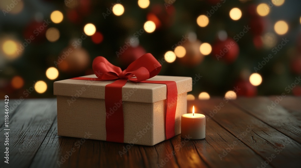 Christmas Gift Box with Red Ribbon and Glowing Lights on Rustic Wooden Table for Cozy Holiday Ambiance Christmas Gift Box with Red Ribbon and Glowing Lights on Rustic Wooden Table for Cozy Holiday Ambiance
