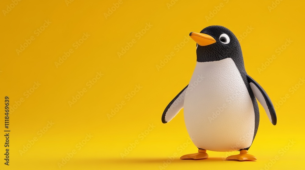 Fototapeta premium Playful Cartoon Penguin Standing on Bright Yellow Background for Fun and Whimsical Design Concept