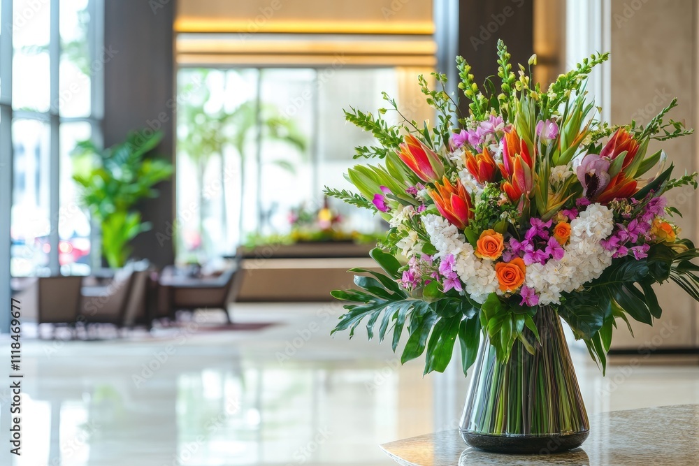 Vibrant floral arrangement in modern lobby with large windows Vibrant floral arrangement in modern lobby with large windows