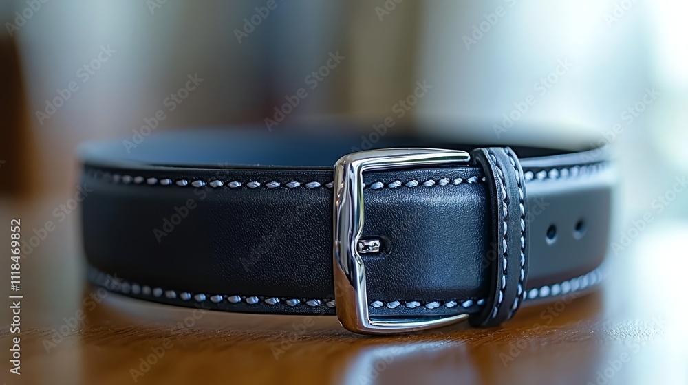 A black leather belt with a silver buckle on a table A black leather belt with a silver buckle on a table