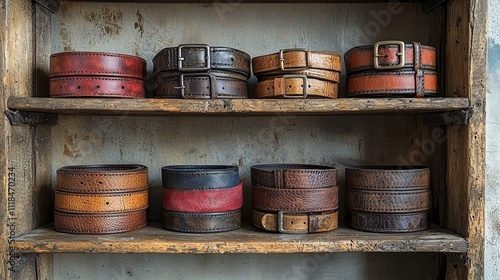 A shelf filled with lots of different colored belts