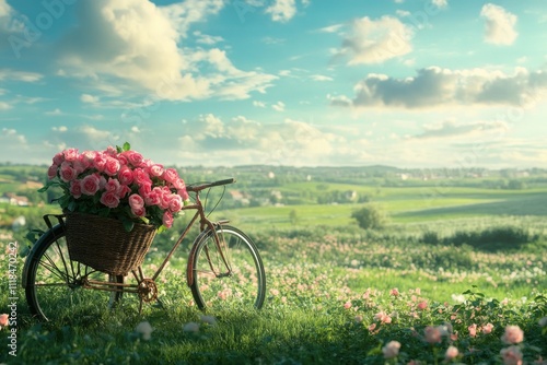 Vintage bicycle with basket of roses in sunny, green countryside field