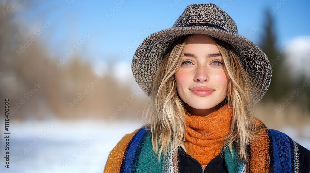 A woman with a warm smile and twinkling eyes stands in a snowy landscape, wrapped in a cozy hat and scarf, emitting warmth and joy despite the cold. A woman with a warm smile and twinkling eyes stands in a snowy landscape, wrapped in a cozy hat and scarf, emitting warmth and joy despite the cold.
