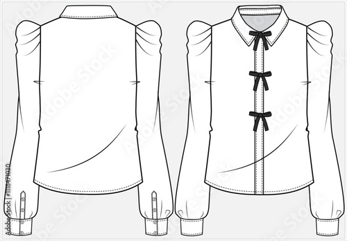 LONG SLEEVES FORMAL CORPORATE WEAR SHIRT WITH PUFF SLEEVES AND BOW DETAIL DESIGNED FOR WOMEN IN VECTOR FILE