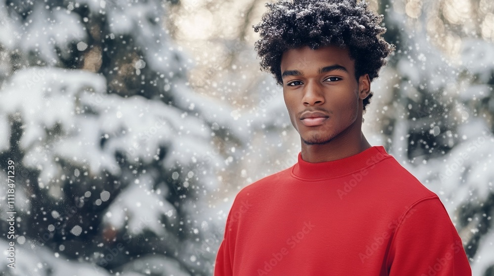 Portrait of an Attractive Black Man in Red Sweater Standing Against a Snowy Winter Background Creating a Stylish and Seasonal Scene Portrait of an Attractive Black Man in Red Sweater Standing Against a Snowy Winter Background Creating a Stylish and Seasonal Scene
