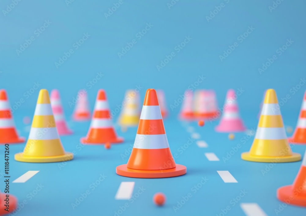 Traffic cones on a blue background, colorful road safety elements scattered across a street, emphasizing caution and awareness, suitable for related themes