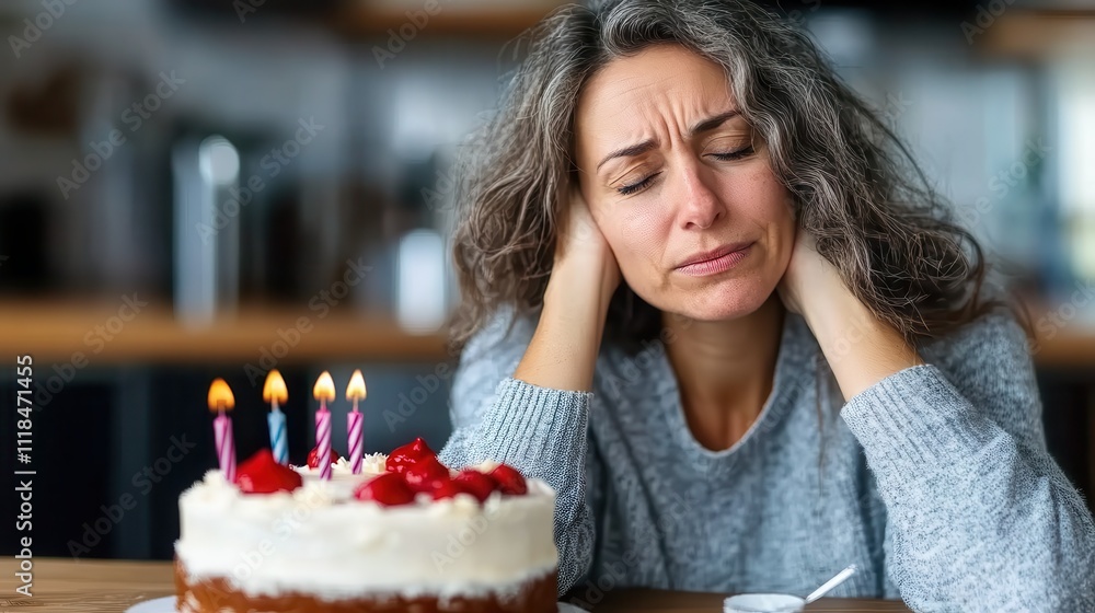 A woman with silver hair appears disheartened, holding her face while seated before a cake adorned with candles, evoking emotions of contemplation or birthday blues. A woman with silver hair appears disheartened, holding her face while seated before a cake adorned with candles, evoking emotions of contemplation or birthday blues.