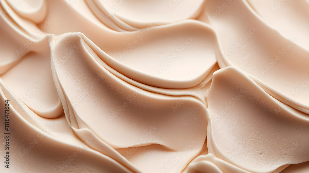 Obraz premium Close up texture of whipped light pink cream. Dessert and confectionery concept. Banner with beige cosmetic smears of face cream with copy space. Color of the year 2025 Mocha Mousse. 