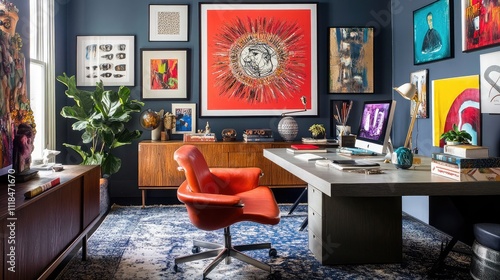 Eclectic home office with bold artwork and a mix of vintage and modern pieces
