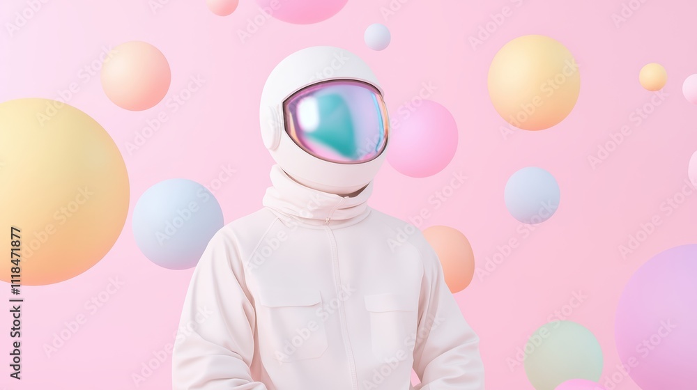 Obraz premium Astronaut's dreamlike journey encountering colorful orbs in surreal space