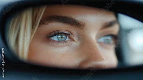 A calming composition of eyes reflected in a car's side mirror, conveying a sense of focus and attention, capturing intricate details and serene ambiance. photo