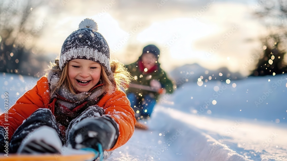 A young girl in bright winter attire sleds happily down a snowy path with a friend close behind, framed by a soft, dreamy winter landscape, expressing joy. A young girl in bright winter attire sleds happily down a snowy path with a friend close behind, framed by a soft, dreamy winter landscape, expressing joy.