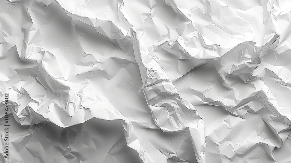Obraz premium Texture of crumpled white dirty paper, top view. Light gray crumpled paper background, close-up. Blank white sheet of paper. Place for text. Copy space