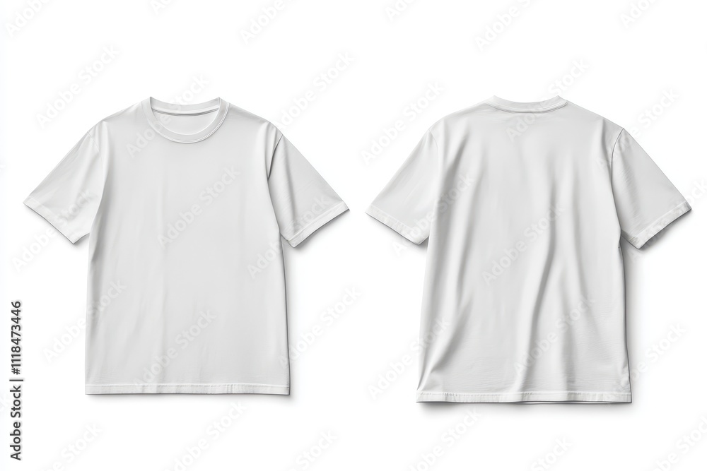 A plain white t-shirt displayed from the front and back for design or marketing purposes. A plain white t-shirt displayed from the front and back for design or marketing purposes.