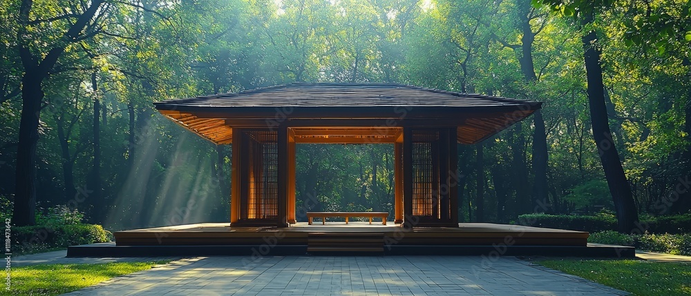 A gazebo in the middle of a lush green forest A gazebo in the middle of a lush green forest
