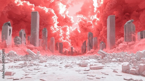 Surreal vision of geopolitical polycrisis red-hued urban ruins digital art dystopian environment