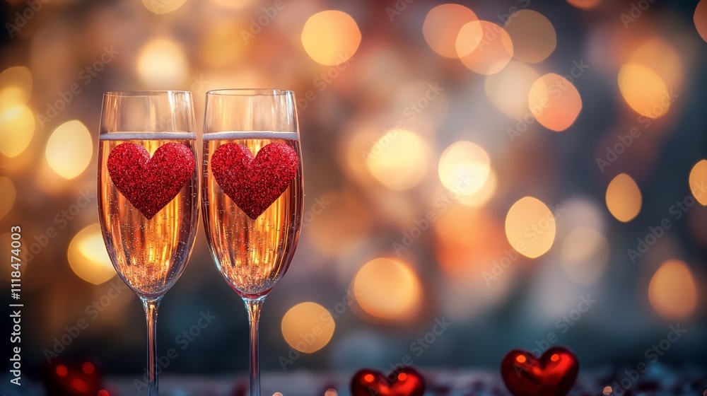 Two Glasses of Sparkling Wine with Golden Bokeh Lights in Background for Elegant and Festive Celebration Design Two Glasses of Sparkling Wine with Golden Bokeh Lights in Background for Elegant and Festive Celebration Design