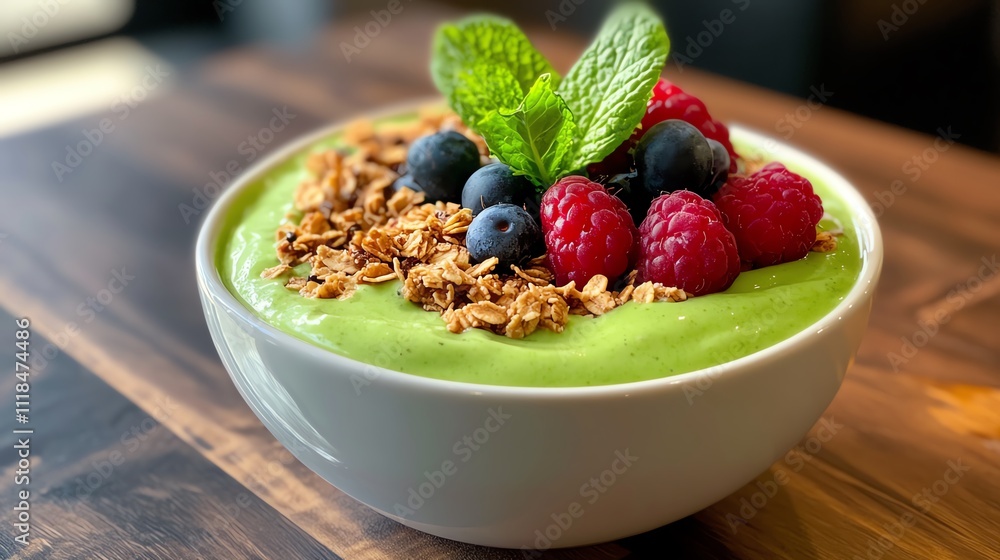 Fresh smoothie bowl topped with granola and berries. Fresh smoothie bowl topped with granola and berries.