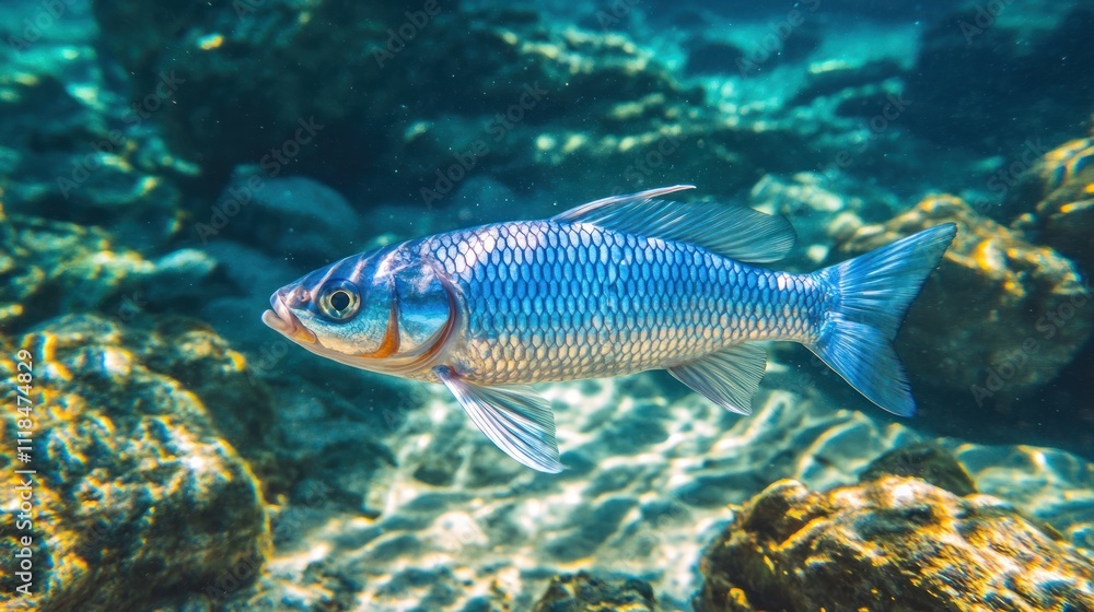 Underwater image of a vibrant fish swimming among rocks. Underwater image of a vibrant fish swimming among rocks.