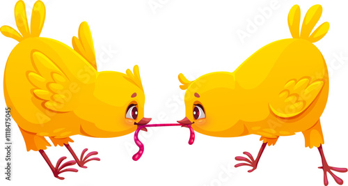 Cartoon chicks funny characters fighting for worm. Spring newborn hen baby cute personage, Easter holiday little chickens animal or farm two chicks cheerful cartoon isolated vector funny characters