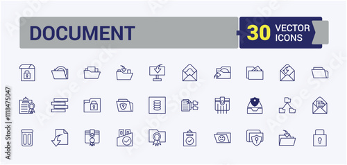 Document And Files vector line icon set. Contains such icons as research, folder, tech, attach, page, document, format. Outline symbol collection. Vector outline icons collection.
