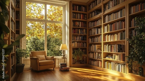 Wallpaper Mural Home library with built-in bookshelves, a cozy reading chair, and a floor lamp Torontodigital.ca