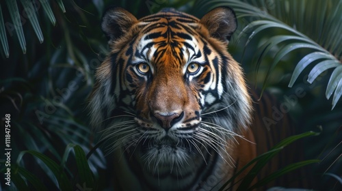 a tiger's vibrant stripes, with intense eyes, on a dark jungle background