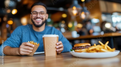 Smiling man with glasses enjoying a burger, fries, and coffee in a vibrant, busy restaurant environment, exuding a cheerful and relaxed vibe.