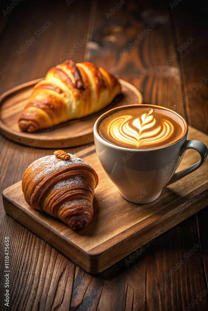 Latte with croissants on wooden tray in rustic setting Latte with croissants on wooden tray in rustic setting