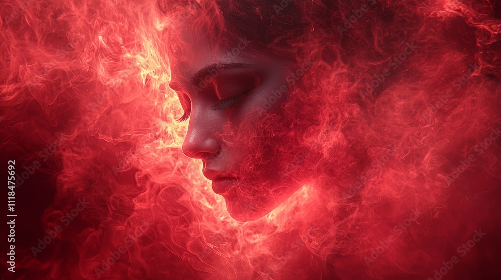 A woman's face is surrounded by red smoke A woman's face is surrounded by red smoke