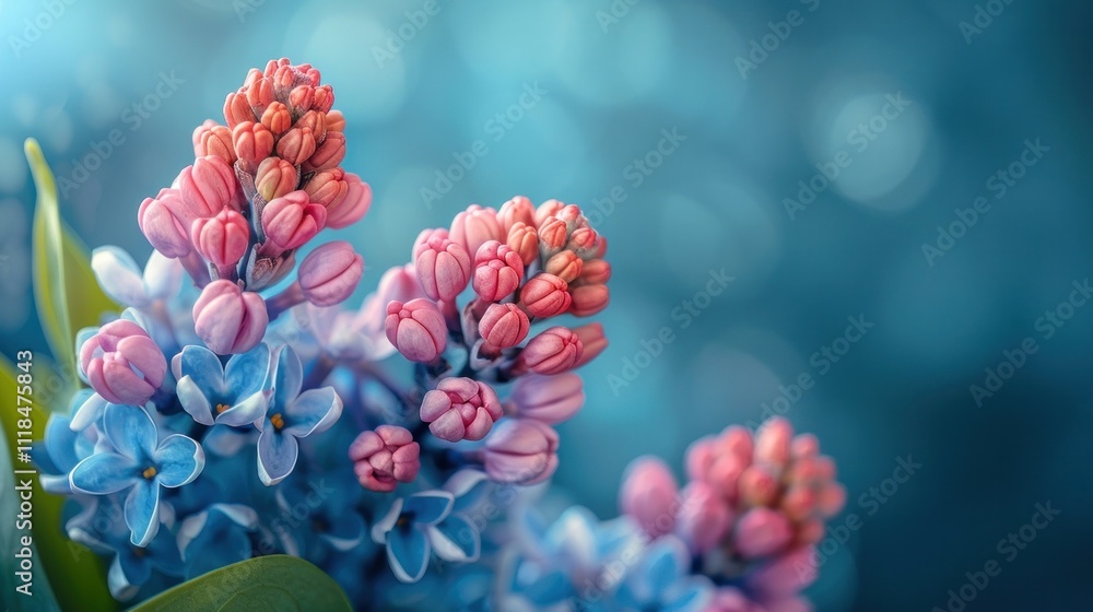 Stunning close up of lush vibrant pink and purple floral blooms with soft delicate blue foliage in a blurred natural environment The image showcases the beauty elegance Stunning close up of lush vibrant pink and purple floral blooms with soft delicate blue foliage in a blurred natural environment The image showcases the beauty elegance