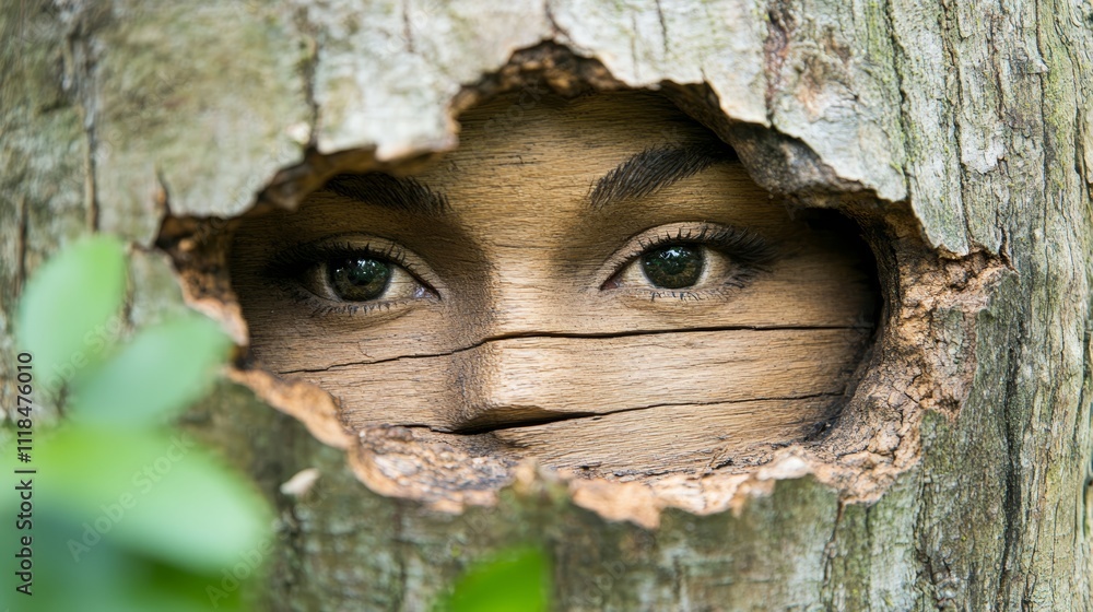 A woman's face peeking out of a hole in a tree A woman's face peeking out of a hole in a tree
