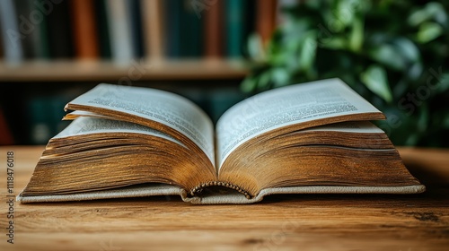 An open book sitting on top of a wooden table