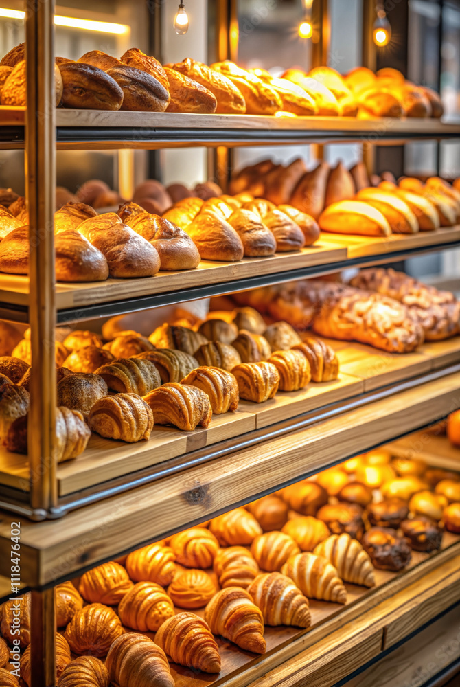 Assorted pastries and croissants in bakery with golden lighting Assorted pastries and croissants in bakery with golden lighting