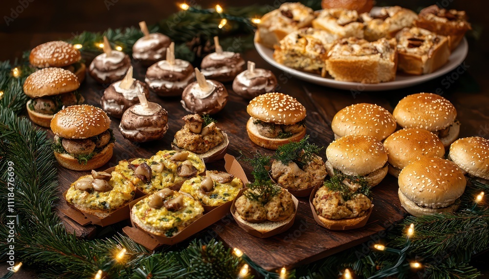 A festive holiday grazing table filled with sliders, mini quiches, and stuffed mushrooms, styled with fairy lights and evergreen garlands for a warm and inviting look. A festive holiday grazing table filled with sliders, mini quiches, and stuffed mushrooms, styled with fairy lights and evergreen garlands for a warm and inviting look.