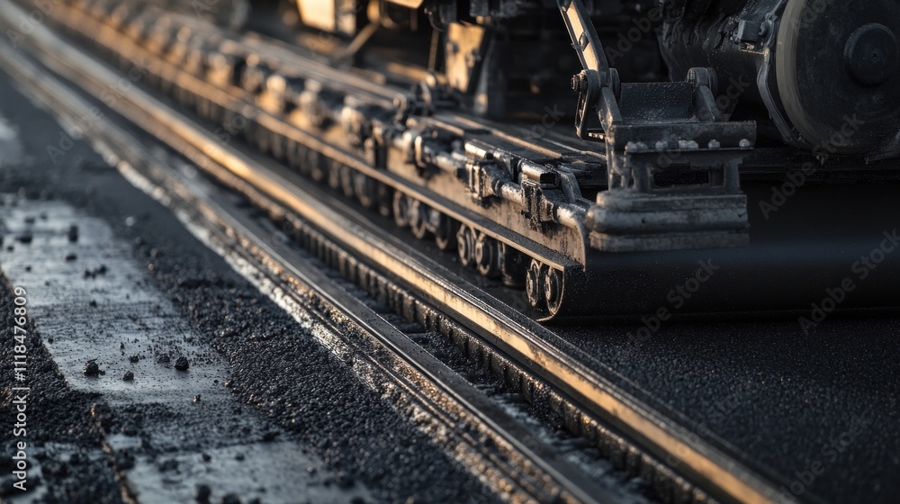 Fototapeta premium Close-up of asphalt paver smoothing fresh asphalt.